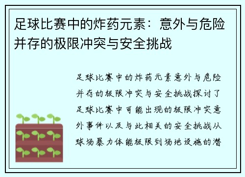 足球比赛中的炸药元素：意外与危险并存的极限冲突与安全挑战