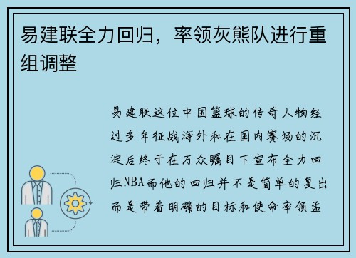 易建联全力回归，率领灰熊队进行重组调整