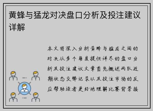 黄蜂与猛龙对决盘口分析及投注建议详解