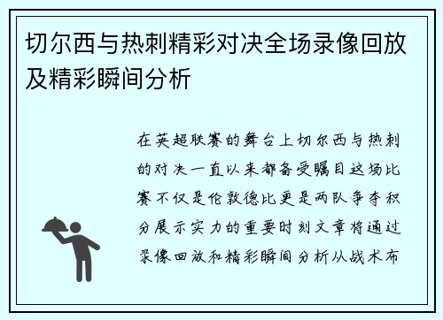 切尔西与热刺精彩对决全场录像回放及精彩瞬间分析